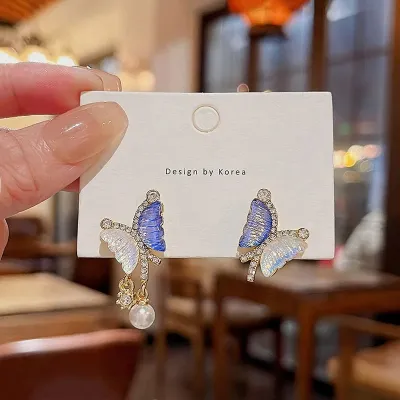 Sparkling Butterfly Pearl Drop Korean Fashion Earrings